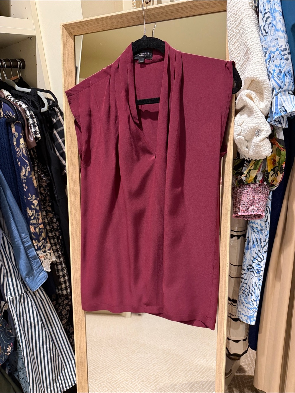 Silk Sleeveless Draped V-Neck Blouse in Wine by The Podolls